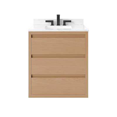 Meuble-lavabo simple en placage de bois de chêne véritable 24 po avec comptoir en pierre d'ingénierie Arabescato et lavabo sous-comptoir en porcelaine Mercer