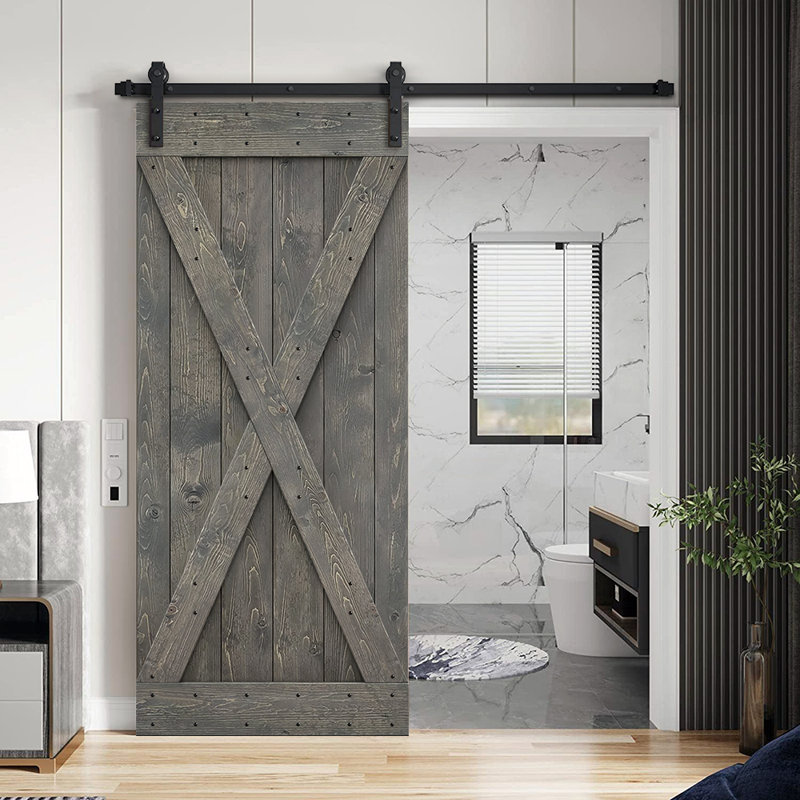 Porte de grange à panneaux et en bois avec quincaillerie d'installation, 40 po x 84 po, Gris patiné, Noir mat