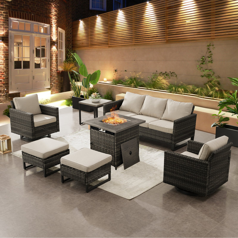 5 - Person Outdoor Seating Group with Fire Pit with Cushions, Beige