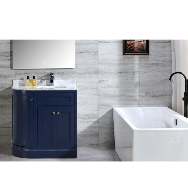 Ensemble de meuble-lavabo simple 36 po avec plateau Mirhan, Blanc de Carrare, Bleu marine