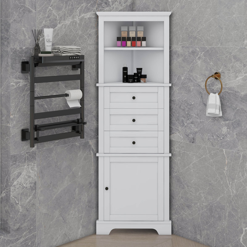 Tall Triangular Corner Cabinet With Triple Drawers And Customizable Shelves For Bathroom Kitchen, White
