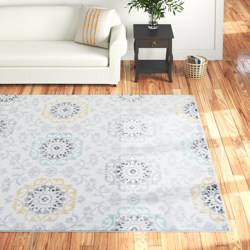 Korth Damask Area Rug, Rectangle 7'11" x 10'3", Cream/Gray/Yellow