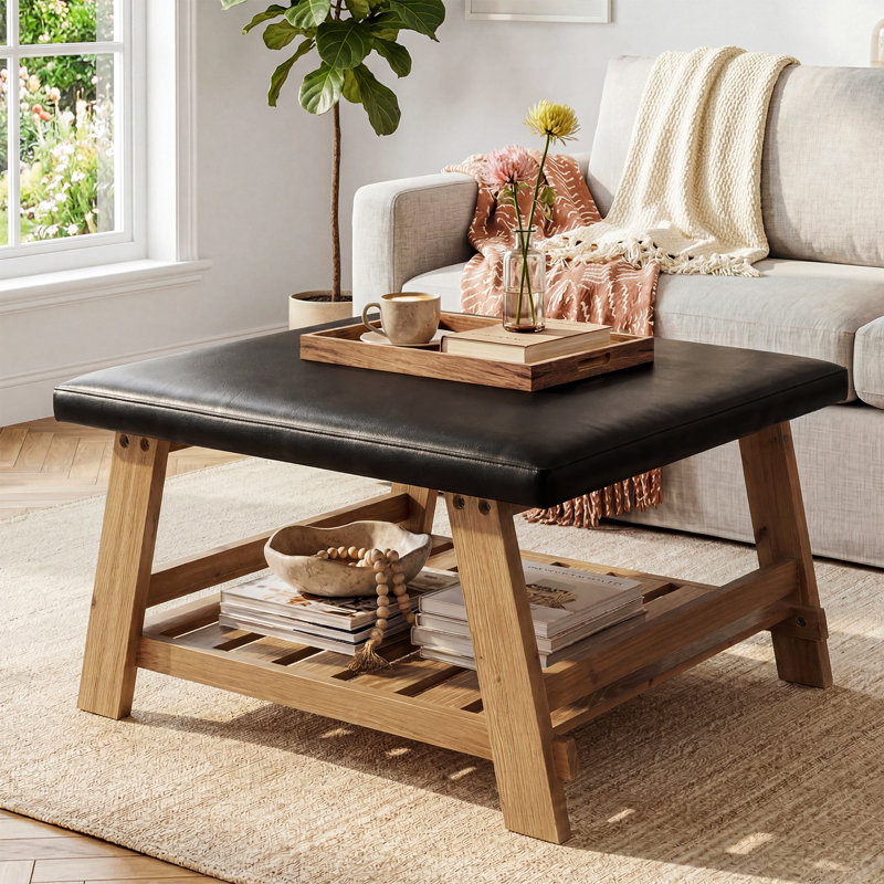 31.5-Inch Square Ottoman Coffee Table With Solid Wood Shelf Storage