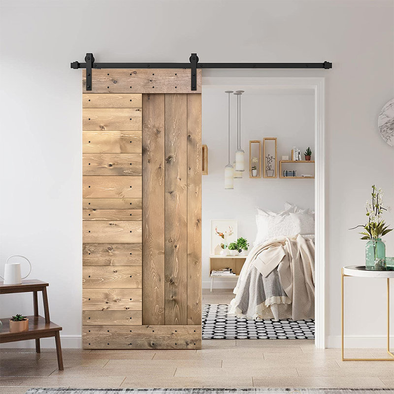 Porte de grange à panneaux et en bois avec quincaillerie d'installation, 24 po x 84 po, Brun pâle