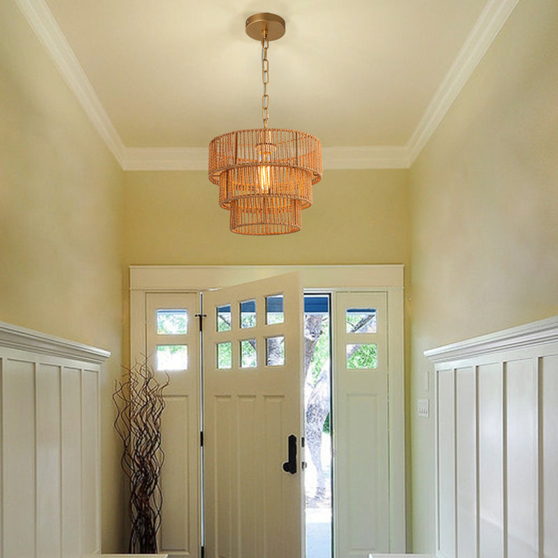 1-Light Hanging Chandelier with 3-Tier Rattan Woven Shade, Brass, Brown