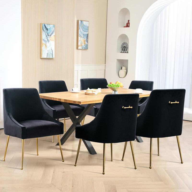 Velvet Upholstered Side Chair  With Gold Legs, Black
