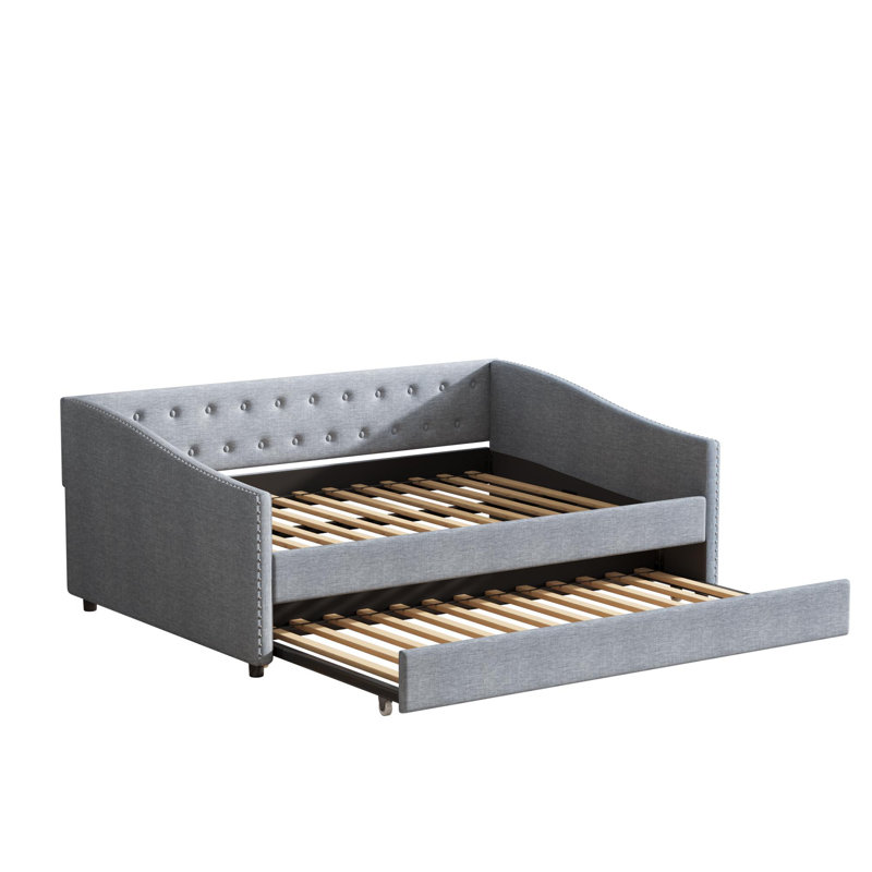 Soft padded tufted sofa bed with buttons on the back and wavy armrests., Light Gray, Full/Double