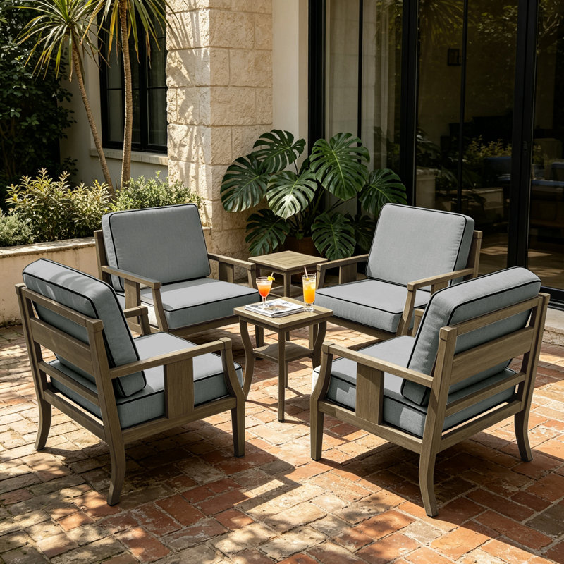 Teak Outdoor Four-person Conversation Set With Cushion And Two Side Tables, Gray, Brown