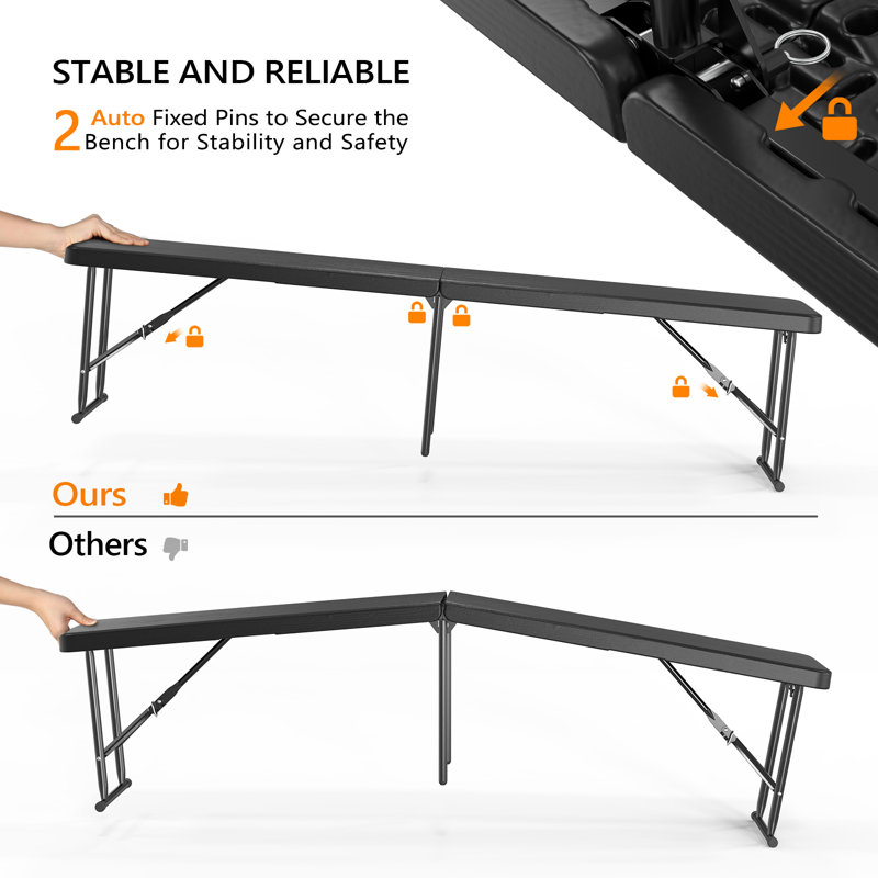  Banc pliant en plastique pour patio, H 16,93 po x l 71,65 po x P 11,02 po, Noir, noir, noir, noir
