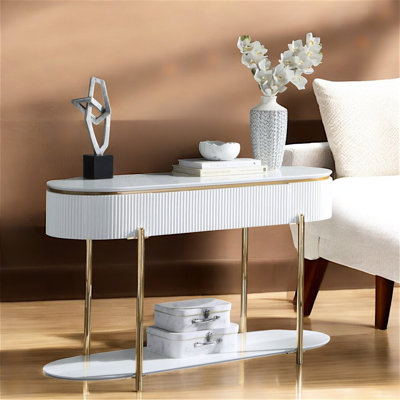 Élégante table de canapé Yesse blanc ultrabrillant et doré - Design moderne et élégant avec styles et rangement ovales et ronds