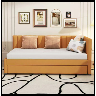Upholstered Daybed with Trundle, Twin Size Sofa Bed Frame, No Box Spring Needed, Linen Fabric, Space-Saving and Durable Design