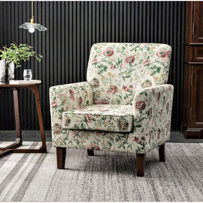 Patterned Polyester Blend Armchair, Solid Birch Wood Frame with Brown Tapered Legs, Foam Padded Accent Chair with Trim Detail for Living Room Office