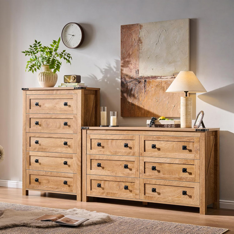 Grantville Farmhouse 5 - Drawers Dresser Organizer, Rustic Tall Chest of Drawers for Bedroom, Light Knotty Oak