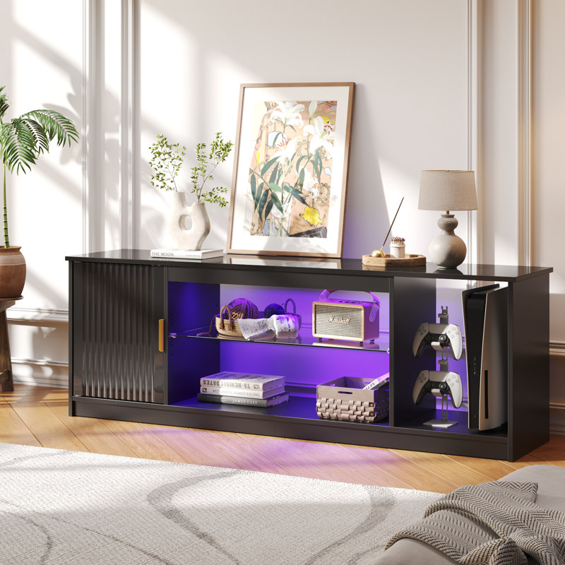 Labelle Brandenburg 57" Modern Media Console with Adjustable shelf, LED Fluted TV Stand for 65 Inch TV, Glossy TV Console with Cabinet
