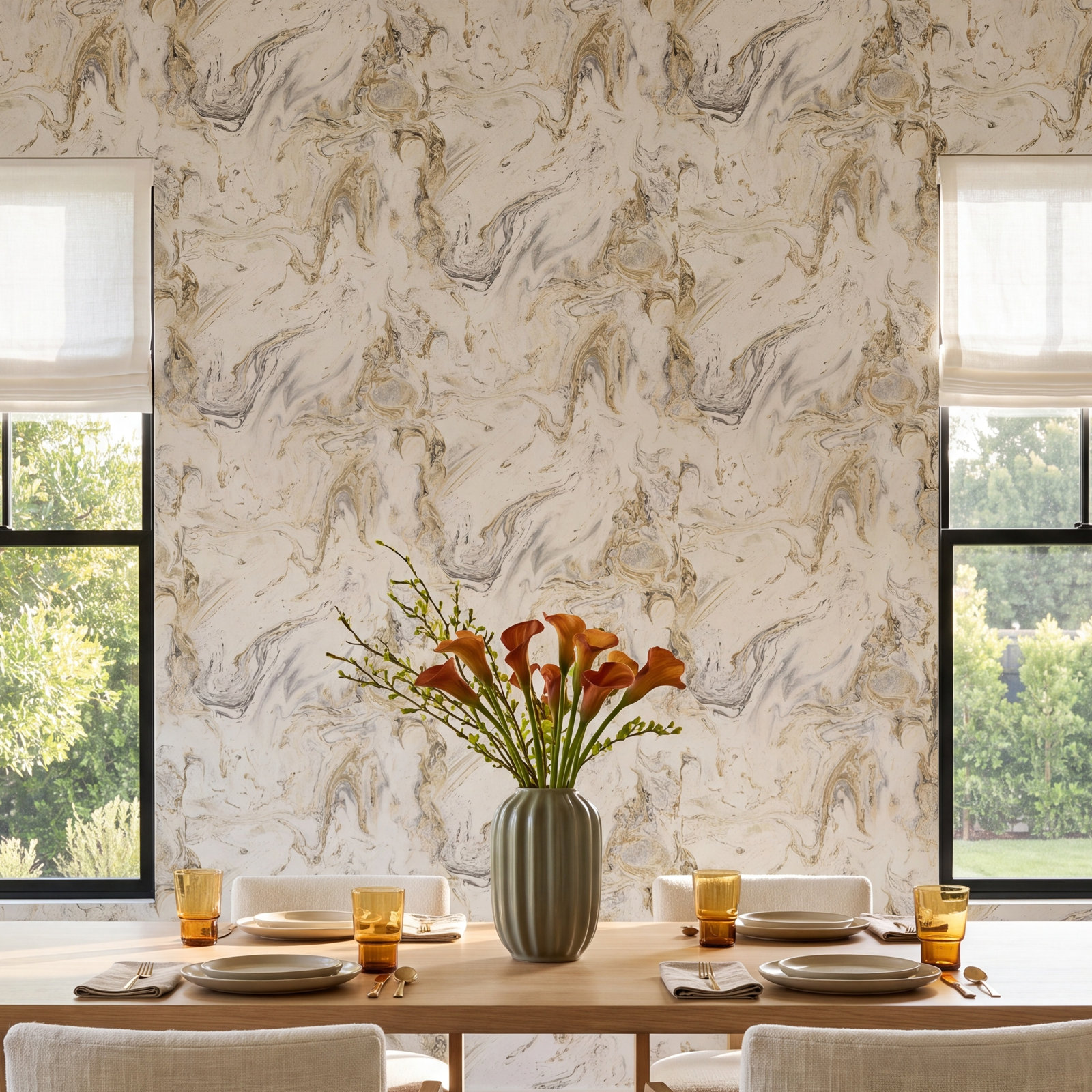 Modern Abstract Wallpaper, White/Black/Gold