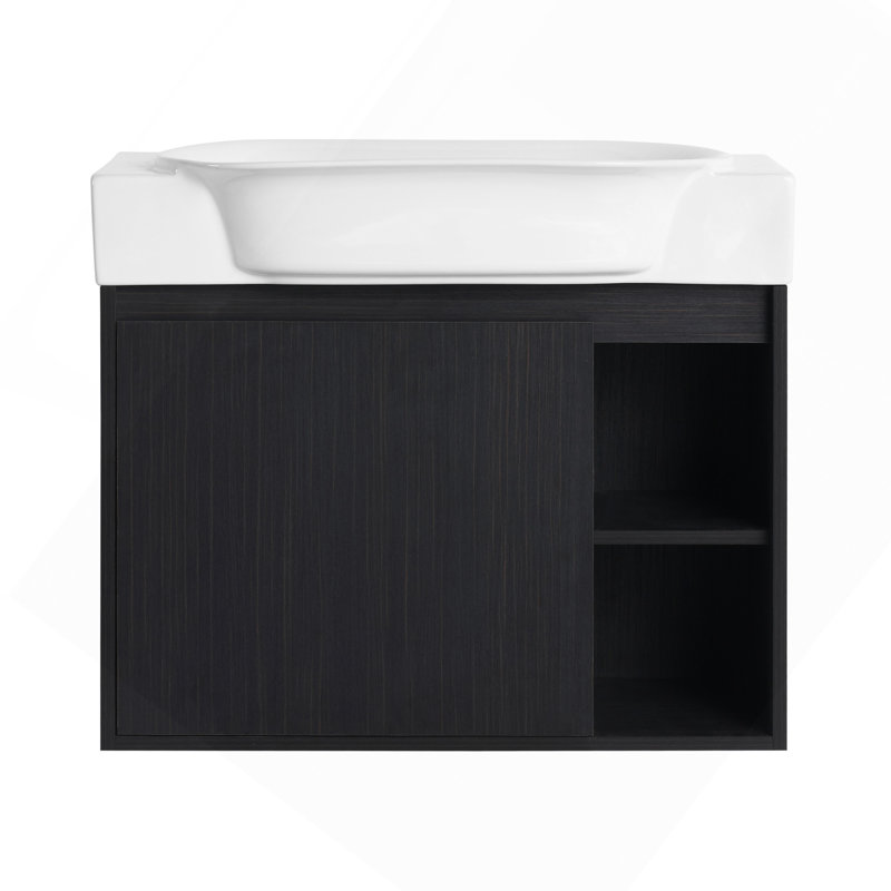 Meuble-lavabo mural 28 po avec lavabo en céramique blanche et porte à fermeture en douceur 28 po, Black