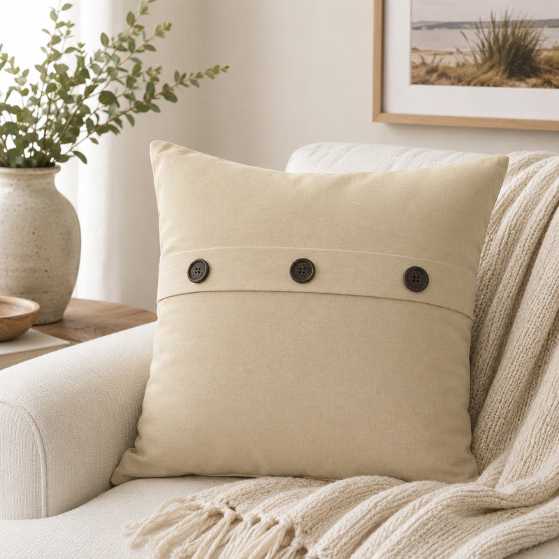 Solid Button Buttons Linen Throw Pillow, Natural