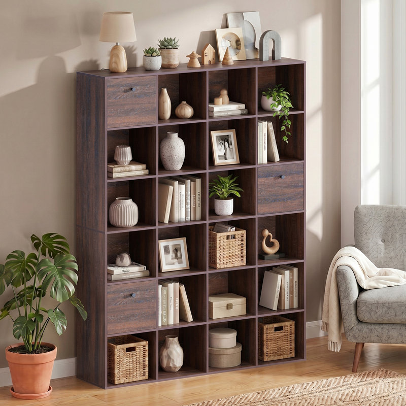 Organisateur de rangement modulaire 24 cubes avec tiroirs en tissu, bibliothèque en bois rustique noyer et cloison, individuel