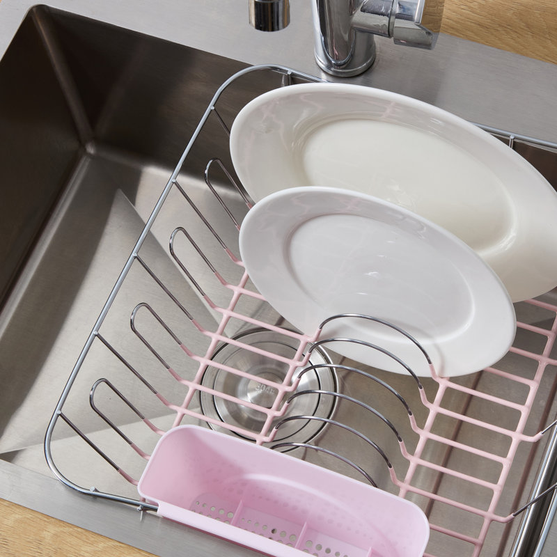 Égouttoir à vaisselle compact en acier chromé 2 pièces avec panier à ustensiles, Pale Pink