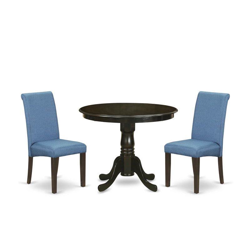 3 Piece Dining Set Contains a Round Kitchen Table with Pedestal and 2 Blue Color Linen Fabric Upholstered Parson Chairs, Cappuccino