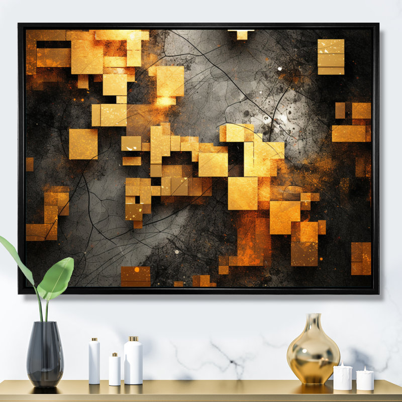 Visions cubistes dorées et noires V, H 12 po x l 20 po x P 1 po, Cadre flottant noir