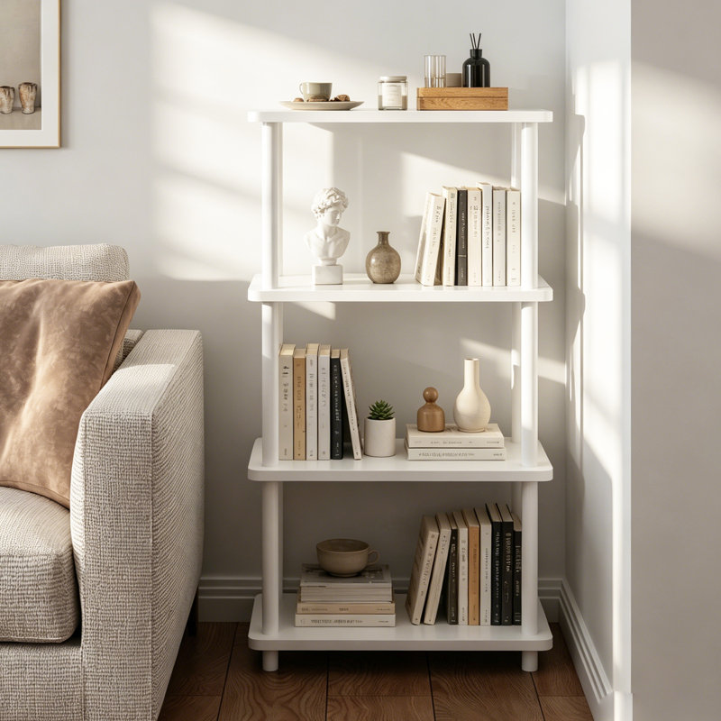 4-Tier Open Shelf Standard Bookcase, Freestanding Industrial Storage Bookshelf for Living Room Home Office, White
