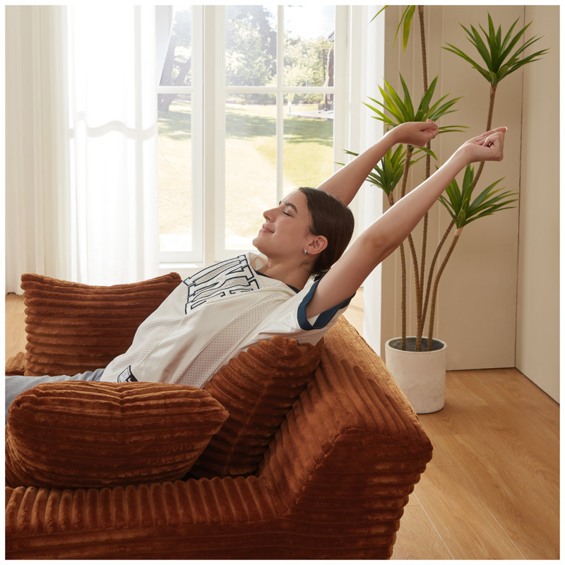 Fauteuil méridienne surdimensionné en velours côtelé, canapé-lit moderne orange d'intérieur avec coussins à ressorts, aucun assemblage requis pour le salon ou le bureau