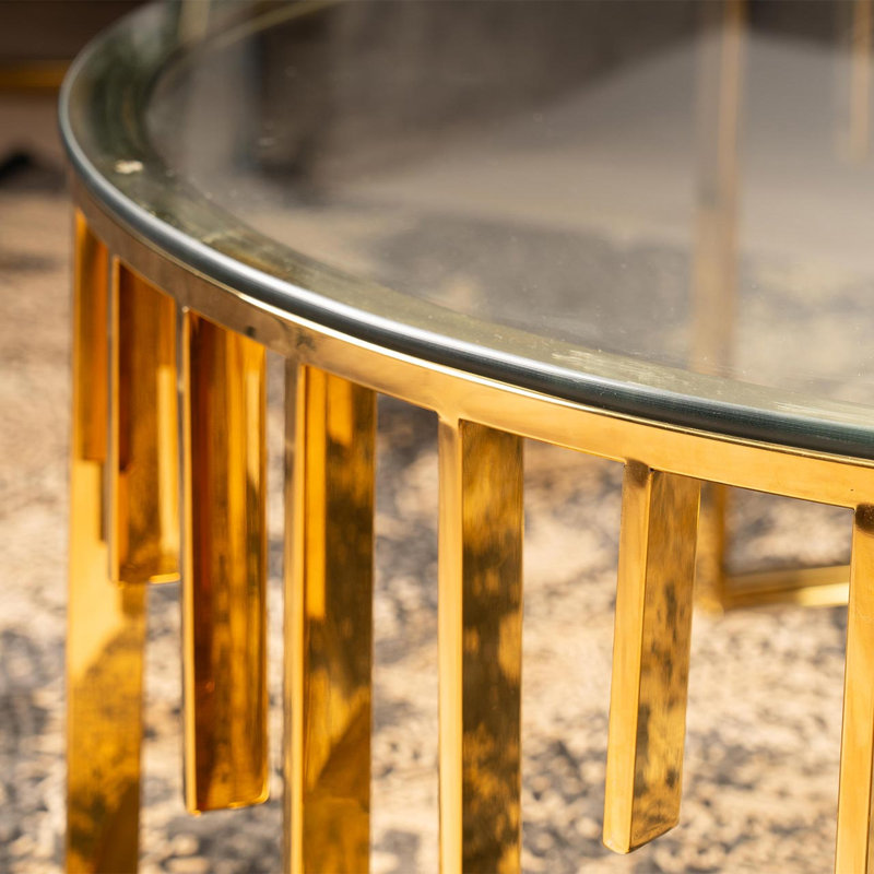Azeen 97cm Round Metal Coffee Table for Living Room, Centre Table with Tempered Glass Top, Clear, Gold