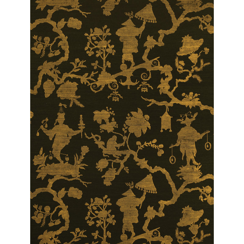 Papier peint silhouette en sisal Shantung, Or sur jais