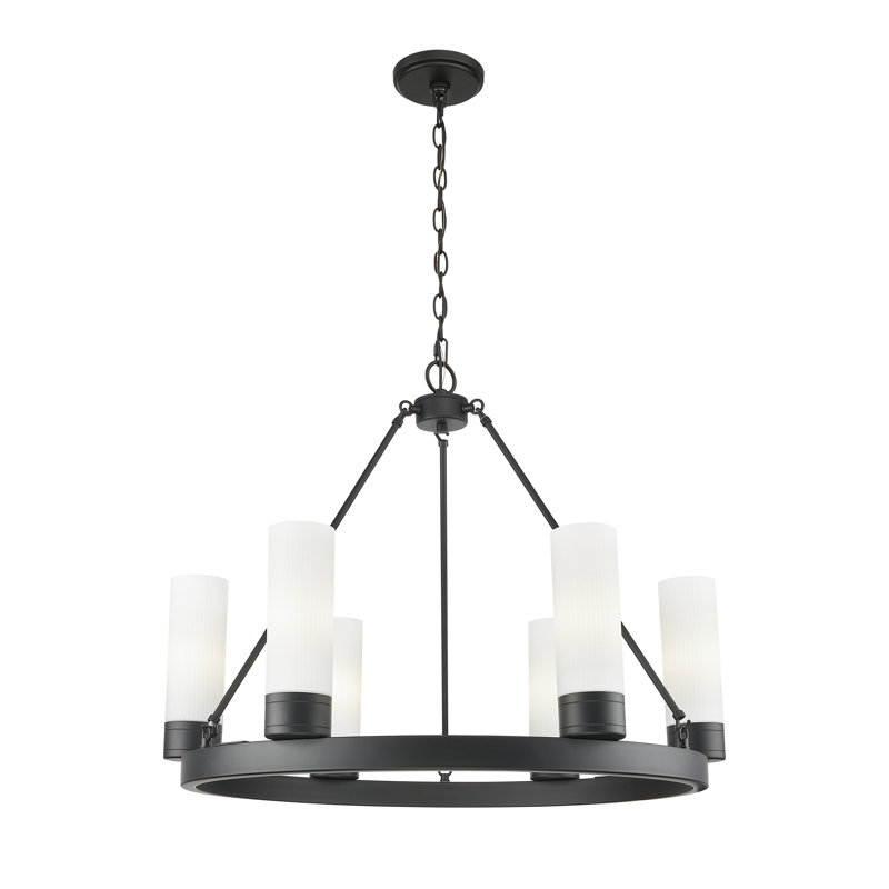 Jaiwan - Lustre 6 lumières avec abat-jour, Blanc rayé, Noir mat