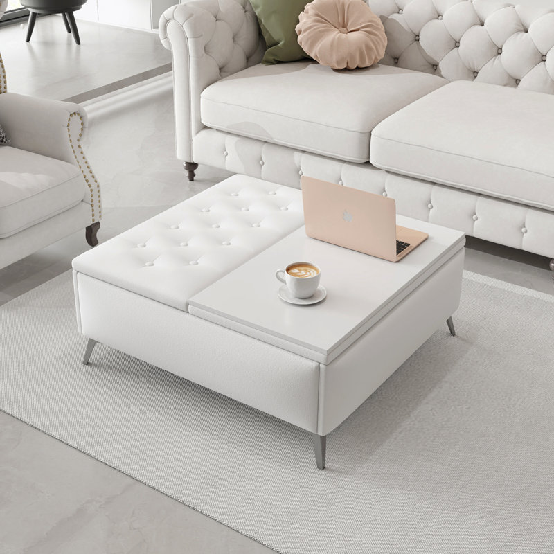 Bancs carrés avec rangement à plateau relevable et table, Blanc