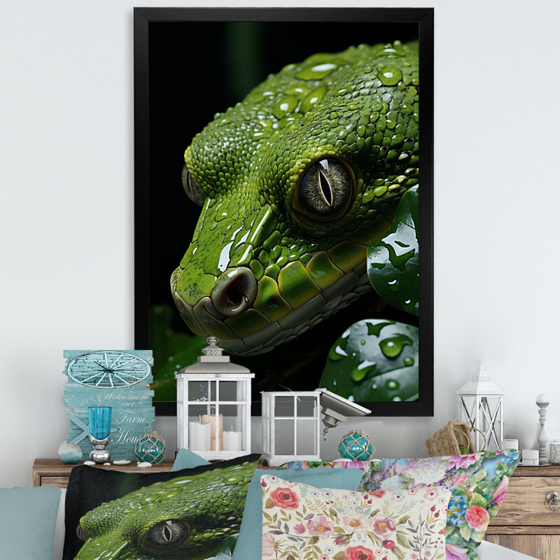 Serpent émeraude enroulé sur toile, H 20 po x l 12 po x P 1 po, Cadre simple noir