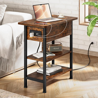 Flip Top Side Table With Charging Station, 3-Tier End Table With USB Ports And AC Outlet, Multi-Functional Small Side Table With Storage For Living Ro