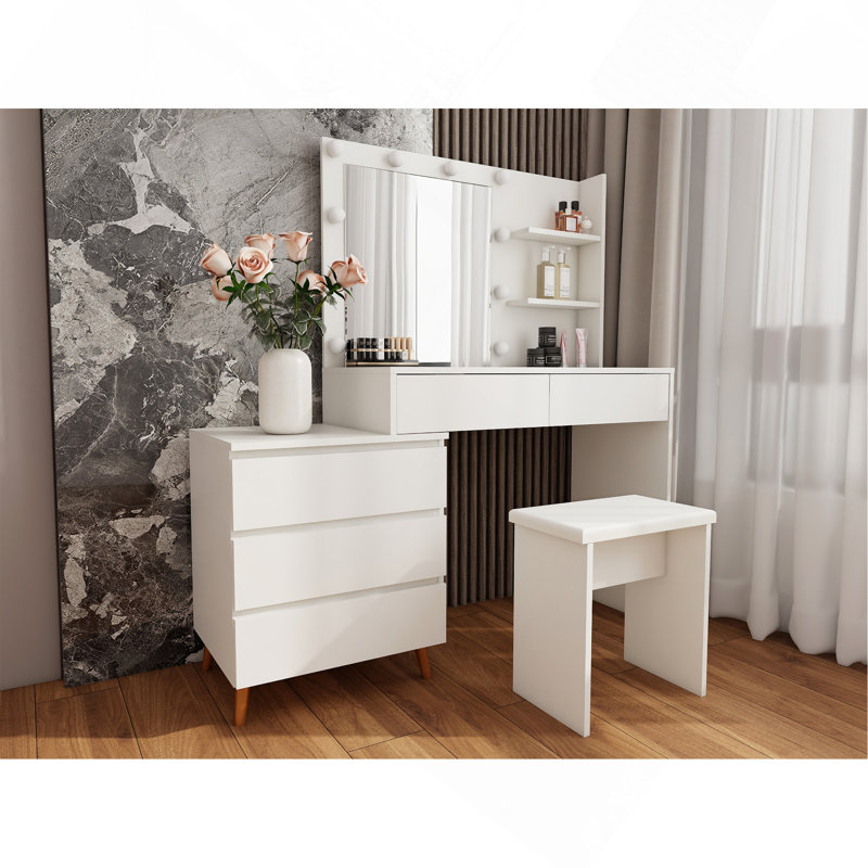 Coiffeuse à maquillage avec miroir à DEL - coiffeuse de beauté blanche avec tiroirs de rangement, tabouret assorti et compartiments de rangement pour les pinceaux de maquillage et les cosmétiques