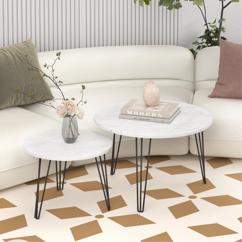 Ensemble de 2 tables basses rondes gigognes, Blanc, Marbre