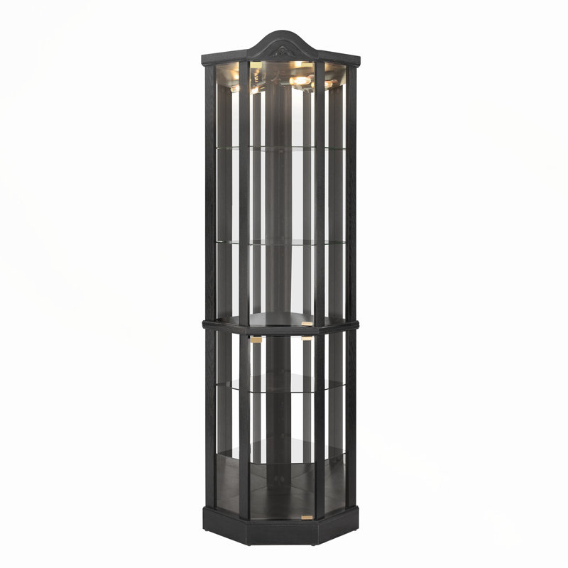 Vitrine lumineuse en verre avec tablettes réglables et décoration en cerisier sculpté, idéale pour mettre en valeur des objets de collection à la maison ou au bureau