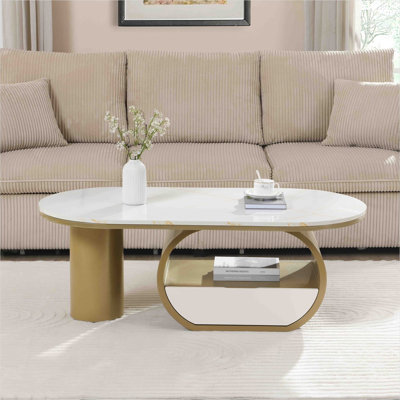 Table basse ovale moderne avec tiroir de rangement et tablette en faux marbre blanc et métal doré, 47,24 pouces