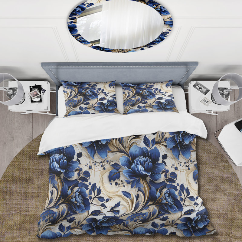 Ensemble de housse de couette Cobalt Blue Nouveau Vines Victorian, Housse de couette pour très grand lit et 2 très