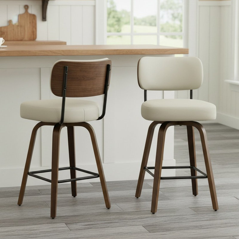 Swivel Upholstered Counter Stool With Wood Frame, Beige Grey, 2