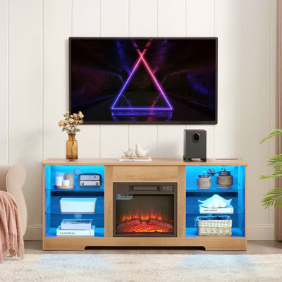 Meuble télé, foyer électrique, tablettes en verre, foyer 3D avec lumières DEL, bois, prise de charge USB, centre de table de télévision moderne pour téléviseur de 62 po ou moins
