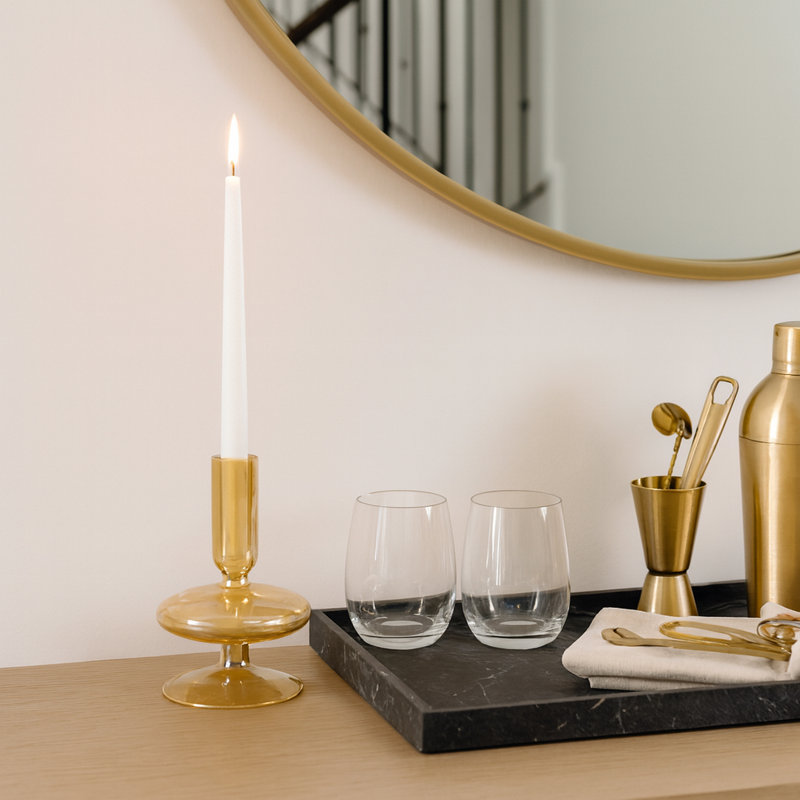 Sculptural 5" Glass Candle Holder - Modern Tabletop Candle Holder with Rounded Accent Base, Gold