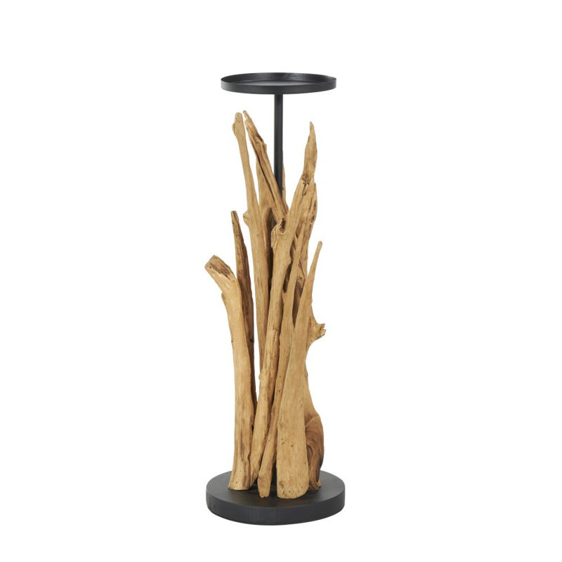 Porte-bougie brun en bois de teck fabriqué à la main, H 30,50 po x l 9,90 po x P 9,90 po