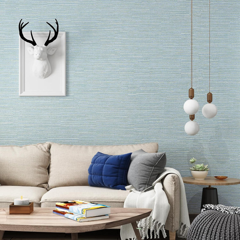 Haimin Grasscloth Peel And Stick Wallpaper, 20.9In X 393In, Textured Self-Adhesive Vinyl, Horizontal Stripes, Light Blue, Waterproof, Removable, Easy To Install