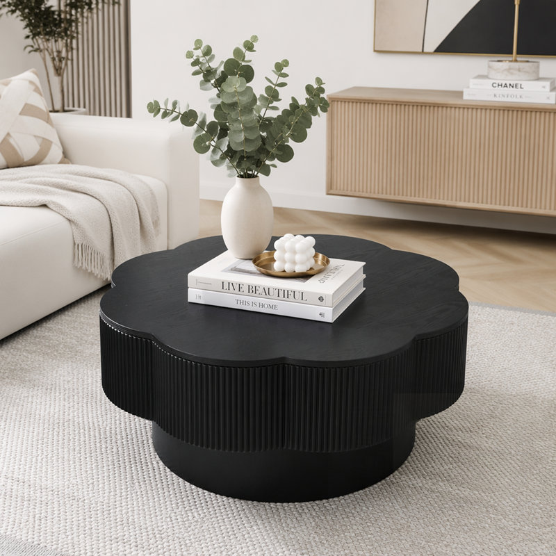 Table basse moderne en forme de fleur avec rangement caché, placage en bois naturel, facile à assembler, pour le salon et le bureau
