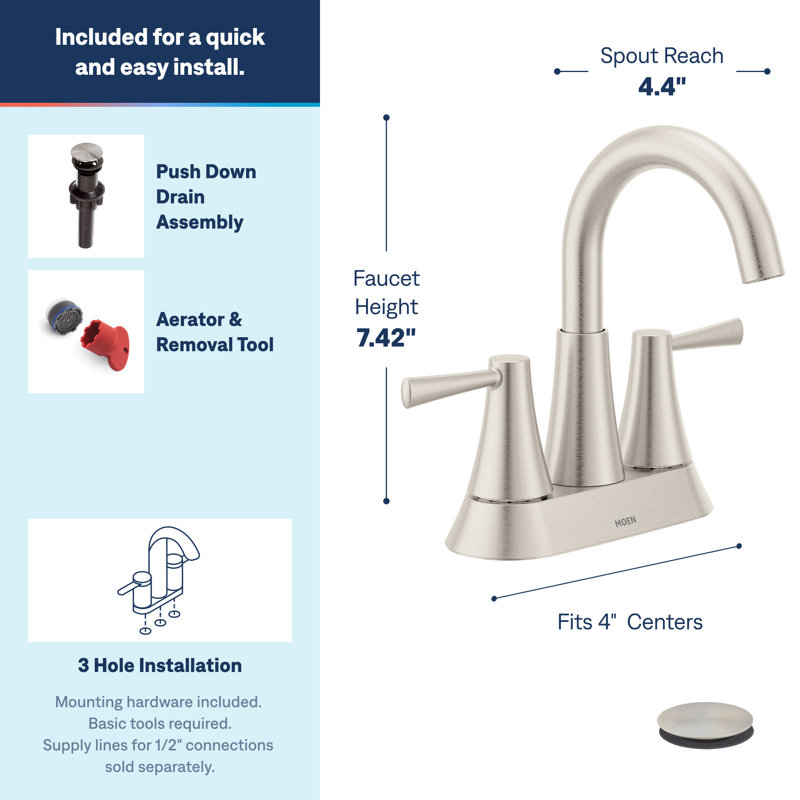 Moen Ronan Two-Handle 4" Centerset Modern Bathroom Faucet with Push-Down Drain, Spot Resist Nickel