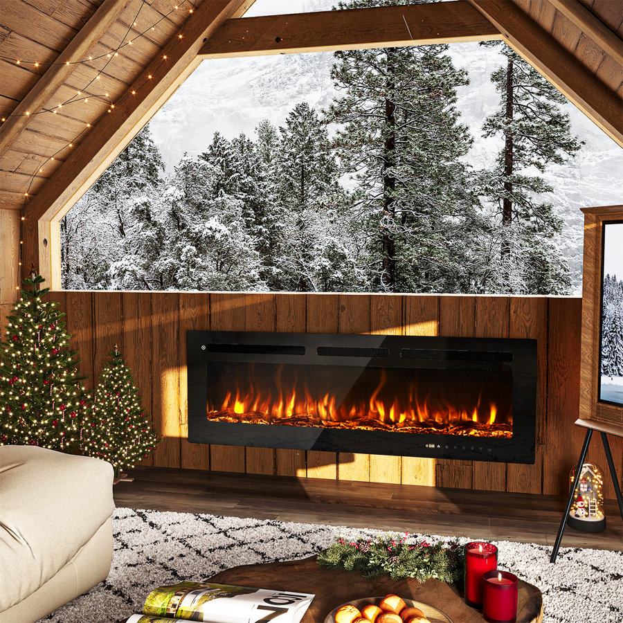 Smart Wifi Electric Fireplace, Recessed Wall Mounted Fireplace, Log & Crystal Options, App & Remote Control, Adjustable Flame, 750/1500W