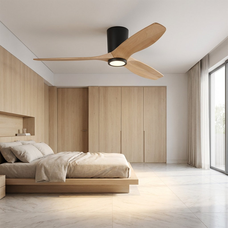 Seyra Smart Hugger LED Ceiling Fan, 52" Wide, Midnight Black, Natural Honey