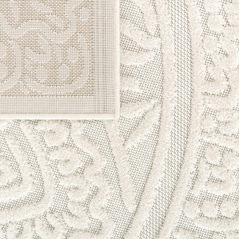 Modern Area Rug with Oriental Mandala Pattern in Cream, Rectangle 3'11" x 5'7"