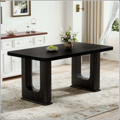 Black Wood Textured Dining Table with Gray Glass Insert