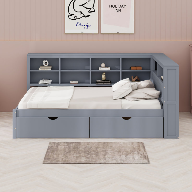 Lit de jour en bois avec 2 tiroirs, lit de jour avec tablette de rangement et ports de chargement USB, Double, gris